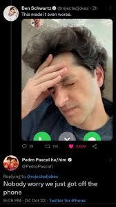 Pedro, Ben Schwartz ile görüntülü konuşuyor. Zavallı adam, Pedro'nun  Got'taki ölümünü ilk kez izledi. : r/Pedro_Pascal