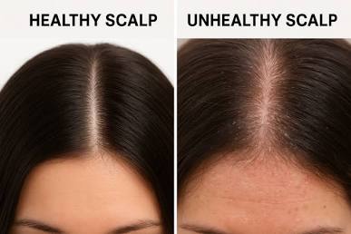 Healthy scalp versus an unhealthy scalp, AI generated