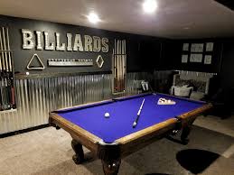 Basement Billiards Room With Lounge Areas And A Wet Bar Pool Table Has A Purple Felt In 2020 Billiard Room Pool Table Room Decor Billiards Room Decor