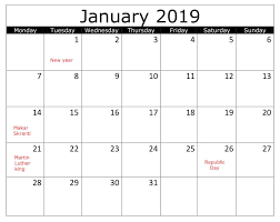 January 2019 With Holidays Excel Calendar Holiday Words Calendar Excel Calendar