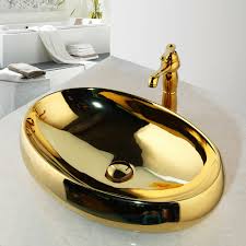 Rose gold best bathroom bowl sink faucets tall vessel jade br single handle waterfall. Golden Ceramic Oval Basin Bowl Bathroom Vessel Sinks Mixer Faucet Pop Drain Set Ebay