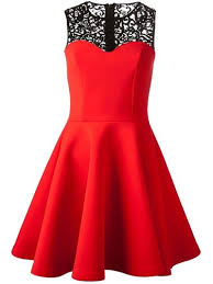 Msgm Lace Detail Red Sleeveless Empire Line Dress With Flare And Contrasting Black Floral Lace Panel Top Fancy Dresses Red Dress Cute Dresses