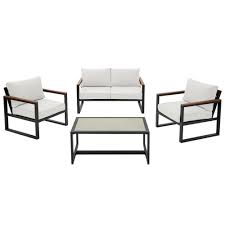 Best deals on patio furniture outdoor wood dining table regarding black aluminum patio conversation sets view. Hampton Bay West Park 4 Piece Black Aluminum Outdoor Patio Conversation Set With Cushionguard White Cushions 501 0600 000 The Home Depot Conversation Set Patio Blue Cushions Patio Loveseat