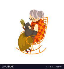 Cute Granny Sitting In A Cozy Rocking Chair And Reading A Book Black Cat Lying On Her Knees Lonely Old Lady And H Illustration Animal Illustration Cat Vector