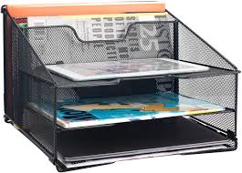 Amazon Com Samstar Mesh Desk File Organizer Letter Tray Holder Desktop File Folder Holder With 3 Paper Trays And 2 Vertical Upright Section Black Home Improvement