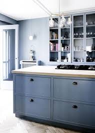 The Kitchen In The Cornflower Blue Kitchen Great Pendant Light Fixture With Exposed Bulbs Great Blue Kitchen Walls Blue Kitchen Decor Kitchen Design Centre