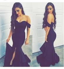 2016 Split Black Girl Prom Dresses Evening Wear Sleeves Off The Shoulder Backless Satin Ruffles Form Cocktail Dress Prom Prom Girl Dresses Evening Dresses Prom