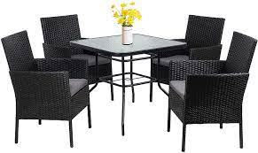 Wicker patio furniture and sets are a versatile addition that can stand up to all weather conditions. Amazon Com Walsunny 5 Piece Indoor Outdoor Wicker Dining Set Furniture Square Tempered Glass Top Table With Umbrella Hole 4 Chairs Black Grey Cushions Furniture Decor