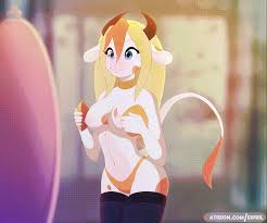 43464 - suggestive, artist:eipril, oc, oc only, bovid, cattle, cow, mammal,  anthro, 2019, 2d, 2d animation, animated, blonde hair, blue eyes, bouncing  breasts, breasts, clothes, digital art, female, frame by frame, gif,