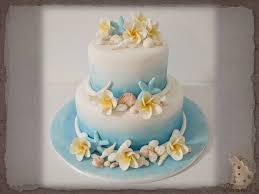 A taupe and blue wedding cake imitating postcards and letters and some twine and bows. Ombre Blue Beach Themed Wedding Cake 2 Tier Round 6 9 Inch Wedding Cake C Beach Theme Wedding Cakes Tropical Wedding Cake Themed Wedding Cakes