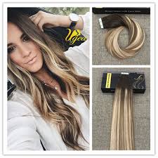 Ugeat 20pcs Pu Weft Tape In Human Hair Extensions Black To Brown Ombre 1b 4 Tape In Hair Extensions Human Hair Extensions Medium Blonde