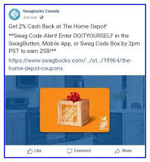 Swagbucks New Swagcode 2 Canada Please Enter Doityourself At Swagbucks Com Expires Sunday 16 February 2020 2 00 P M In 2020 Home Depot Coupons Coding Swagbucks