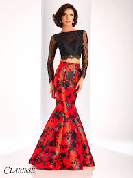 Clarisse Mermaid Two Piece Prom Dress 4808 Unique Black And Red Floral Long Sleeve 2017 Prom Dr Prom Dresses With Sleeves Mermaid Prom Dresses Mermaid Dresses