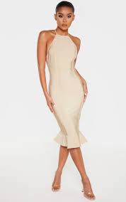 Regular price $49.99 sale price $30.99 save $19.00. Champagne Bandage Cross Strap Frill Hem Midi Dress Prettylittlething