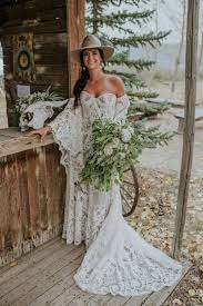 This Canadian Country Wedding With A Western Saloon Buffalo Skulls Is Epic Off Shoulder Wedding Dress Country Wedding Dresses Bridal Dresses