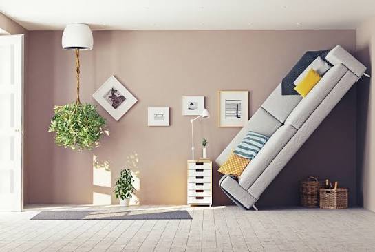 Living room with furniture arranged away from the walls