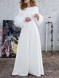 Dank unserer kollektion mit anzügen für damen und bürokleidern ist es so einfach wie nie, den perfekten zweiteiler zu finden. Weisse Feder Rundhals Langarm Elegante Weites Bein Lang Jumpsuit Hosenanzug Damen Mode Overalls Unterteile
