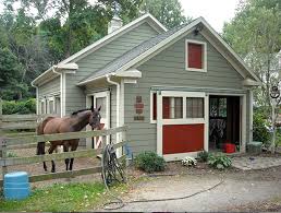 Black horse and red barn. Stable Style Small Barns