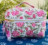 Borsa da trucco Handblock con manico grande in cotone trapuntato floreale,  borsa per cosmetici, borsa per trucco di grande capacità, organizer per ...