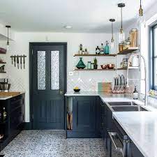 Before And After From Narrow Space To Stylish Kitchen In Dark Blue Kitchen Plans Kitchen Design Small Narrow Kitchen Layout