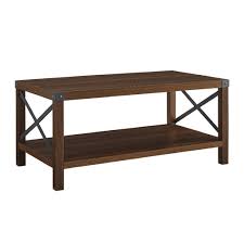 A sturdy wood and iron coffee table begs for solid decor to provide an anchor. Rustic Wood Coffee Table In Dark Walnut Walker Edison Af40mxctdw