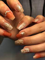Burnt Orange And Gold Glitter Nails Gold Glitter Nails Pink Glitter Nails Orange Nail Designs