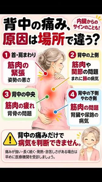 背中の痛み＝筋肉痛」と思っていませんか？🤔 背中の痛みには、筋肉や骨の異常、長時間同じ姿勢でいること、神経の痛み、ストレスなど、さまざまな原因があります。  一方で、痛む場所によっては、内臓の病気が関係している場合もあります⚠️ 📍右側の背中が痛い場合 ...