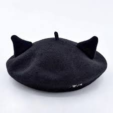 Embroidery Meow Wool Black Beret Cute Beret Cat Ear Beret Cute Hats