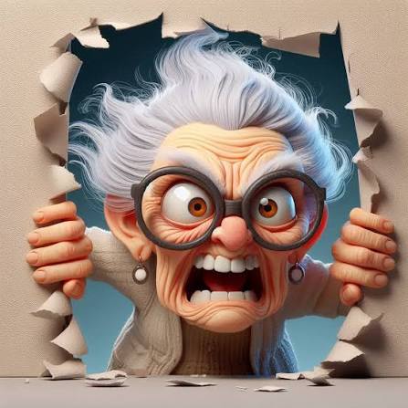 Prompt - A caricature of a old woman, yelling at a woman. True to life. She  is a grandma. Bg a kitchen
