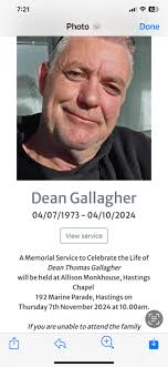 Details from Rachel Gallagher, Ayla and Mark. The celebration of the life  of Dean Thomas Gallagher as follows. Our Deepest Condolences go out to  Dean's family Rachel Ayla Mark and Dougie. Dean's