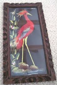 Red Bird With Spiky Hair Mexico Feather Art Vintage 1940 1940s Mexican Folk Art Real Bird Feathers Picture Hand Carved Frame Feather Art Bird Crafts Bold Shapes