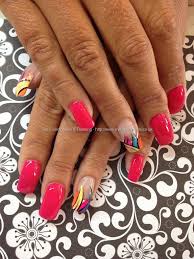 Bright Pink With Multi Coloured Ring Finger Freehand Nail Art Over Acrylic Nails Lipstick Nails Design Matte Nails Design Nails