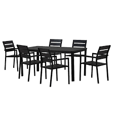 Modern Contemporary 7 Piece Black Metal Rectangular Outdoor Dining Set With Faux Wood And Stackable Chairs 7 Piece Dining Set Outdoor Dining Set Dining Set