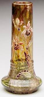 Emile Galle 1846 1904 Vase Soliflore En Verre A Fond Marbre Dans Les Tons Vert Et Bordeaux Decor D Orchidees Emaillees Art Nouveau Emile Galle Art Du Verre