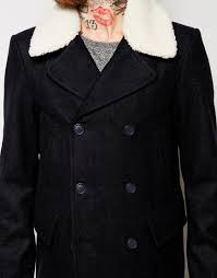 Asos Wool Peacoat With Borg Collar In Navy Blue For Men Lyst