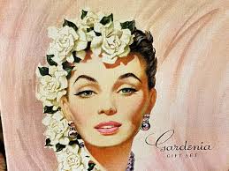 Ein wunderschönes Vintage 1950s Potter & Moore Gardenia Geschenk-Set,  Talkumpuder und Seife in der Originalverpackung, Schminktischdekoration,  Boudoir