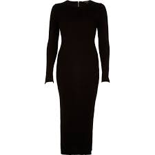 River Island Black Knitted Bodycon Midi Dress 36 Liked On Polyvore Featuring Dres Ribbed Bodycon Dress Long Sleeve Knit Dress Midi Dress Bodycon