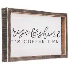 This wood round coffee sign measures 15.75 dia., 0.5 depth. Rise Shine Wood Decor Hobby Lobby 1655042