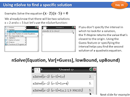 Nsolvefx==0,x （2）指数関数，三角関数など超越関数を含む方程式 f(x)=0 の解法は， グラフを描いて，解に近い点 x = a を見つけて Ti Nspire Cx Essential Skills