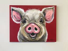 Canvas Pig Art Print From Original Canvas Painting Colorful Pig Art Pig Art With Red Background By Hippiehoundus Pig Art Original Canvas Painting Pig Painting