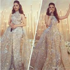 Yousef Aljasmi 2019 Modest High Neck Mermaid Prom Dresses With Overskirt Sparkly Lace Applique Dubai Arabic Occasion Evening Wear Gowns Cheap Designer Prom Dres Black Lace Evening Dress Burgundy Evening Dress