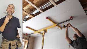 The proper sequence for installing drywall on the ceiling wall. How To Install Ceiling Drywall Using A Panel Lift Youtube