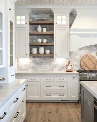 Painted Kitchen Cabinets Mixed With Wood Stained Floating Shelves Kitchen Cabinets Decor Rustic Farmhouse Kitchen Farmhouse Kitchen Backsplash