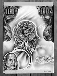 When these two completely different objects come together in a design what results is a money rose tattoo. Dollar Rose Prison Art Chicano Art Lowrider Art