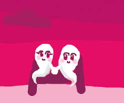 Awesome digital art illustration of two little ghosts holding hands, dressed up for halloween with subtle colors including brown and black. Two Ghosts Holding Hands On A Bench Drawception