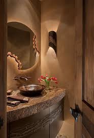 Rustic Powder Room With Soapstone Counters Wall Sconce Wood Expressions Vessel Sink Cafe Forest Mar Rustic Powder Room Rustic Bathrooms Modern Powder Rooms
