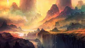 Artwork Fantasy Art Waterfall Mountain Landscape Forest Colorful Sunlight Wallpapers Hd Desktop And Mobile Backgrounds