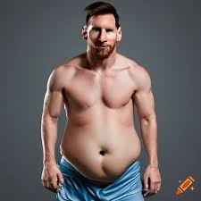Lionel messi appearing overweight and fat, holding his belly with concern  on Craiyon