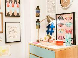 We think twinbed is the possible answer on this clue. Light Turquoise Wallpaper Strips Over Dresser Drawers In Dorm Room Takeover With Colorful Patterned Artwork Hgtv
