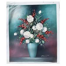 Bed near coffee table with vase and painted pictures near brick wall in bedroom. Large Scale Floral Still Life Oil Painting On Canvas Of Flowers In Vase For Sale At 1stdibs